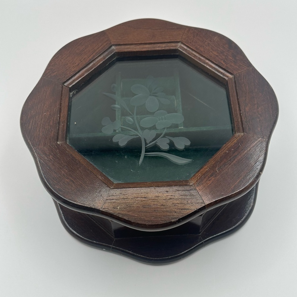 Wooden Octagonal Ring Earring  Holder Jewelry Box with Glass Top Styled by Mele - Picture 4 of 9